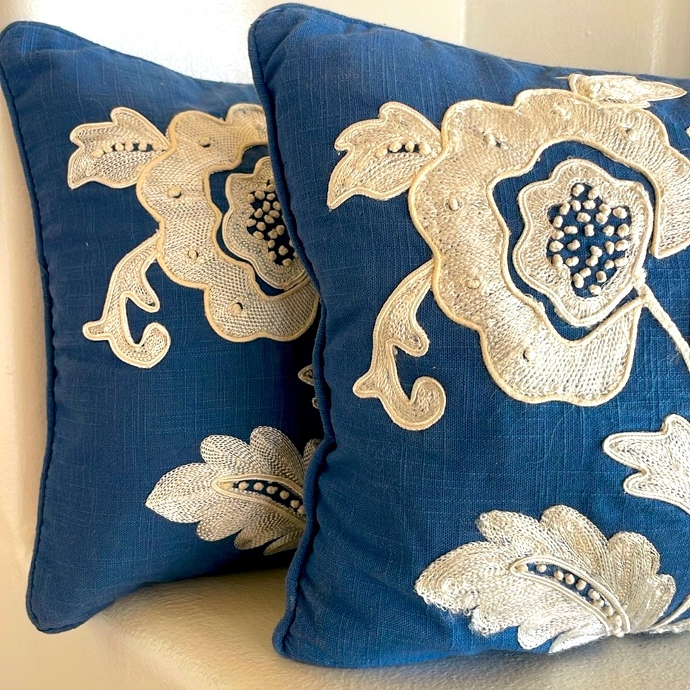 Set Blue Floral Embroidered Cushions with Inserts.